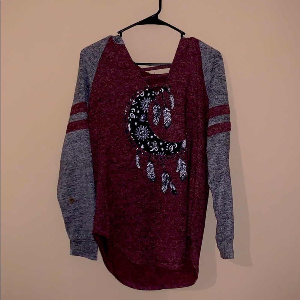 Maroon long sleeve shirt with moon dream catcher